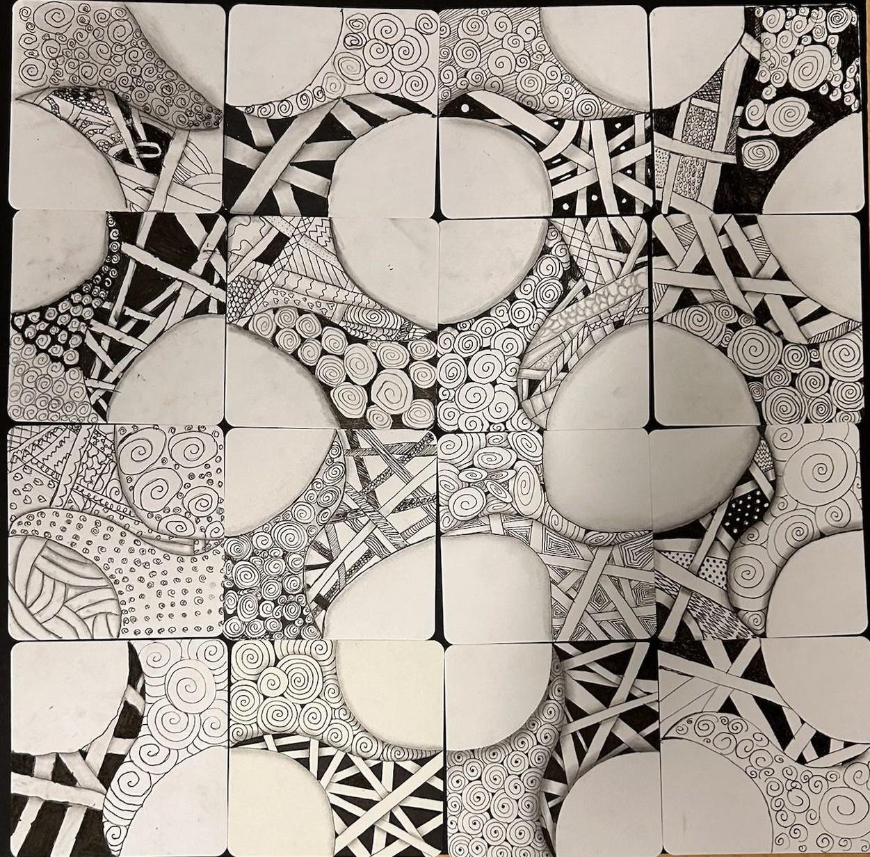 Black and white Zentangle collage with intricate abstract patterns