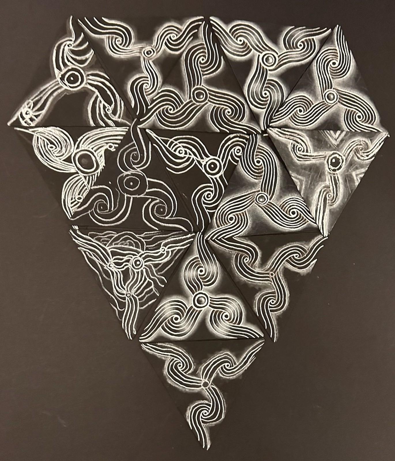 Black and white diamond-shaped Zentangle tile with intricate geometric patterns